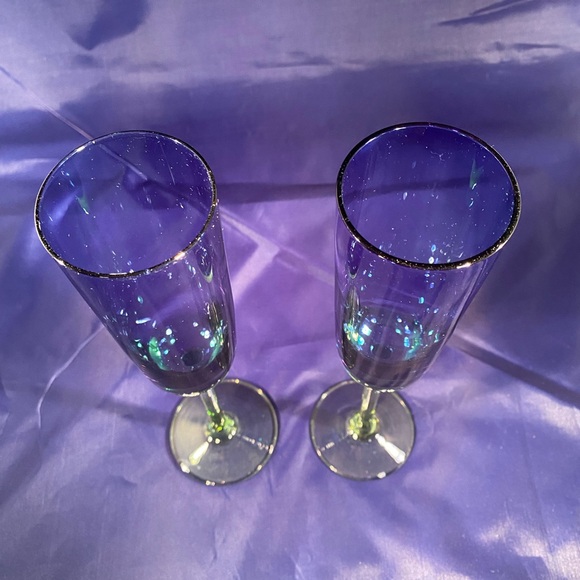 2 Festival Green Blue Block Champagne Flute Glass Stemmed 10.25" Hand Crafted - Picture 3 of 5